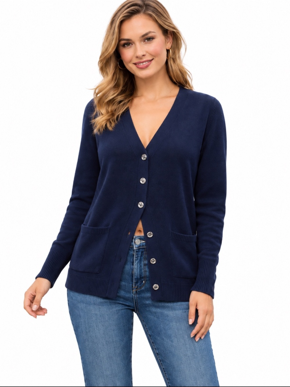 Christopher & Banks Navy Blue Button Front Cardigan Sweater Medium Cotton Blend